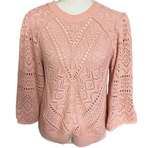 Dear John Pink Open Knit Puff Sleeve Sweater Boho Cotton Size M